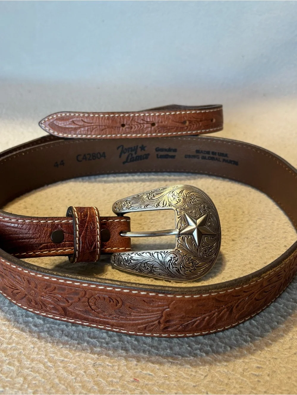 Tony Lama 44Austin-Floral Brown Tooled Leather Western Belt w/Silver Star Buckle